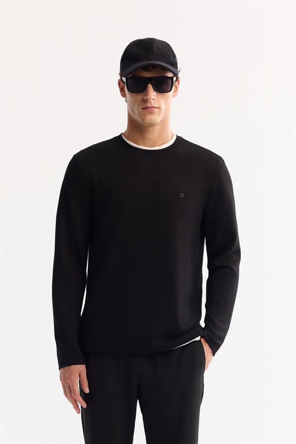 Siyah Bisiklet Yaka Viskon Karışımlı Bi-Stretch Basic Sweatshirt