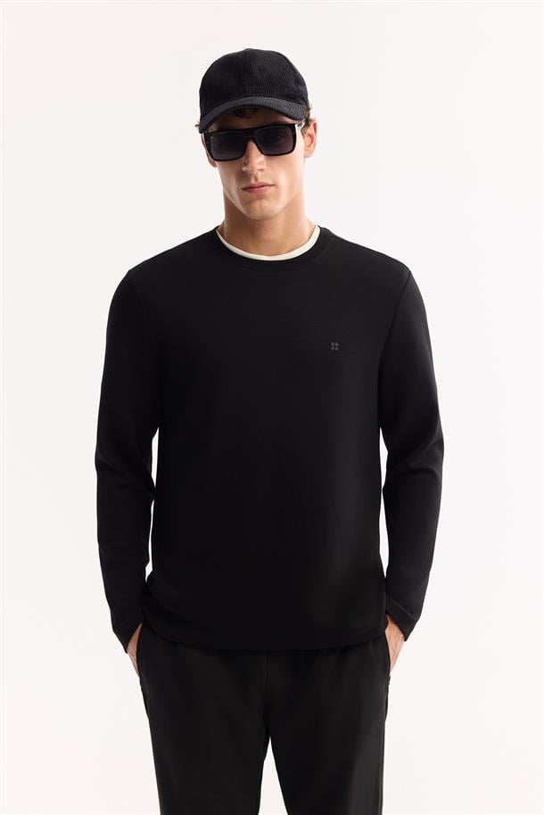 Siyah Bisiklet Yaka Viskon Karışımlı Bi-Stretch Basic Sweatshirt