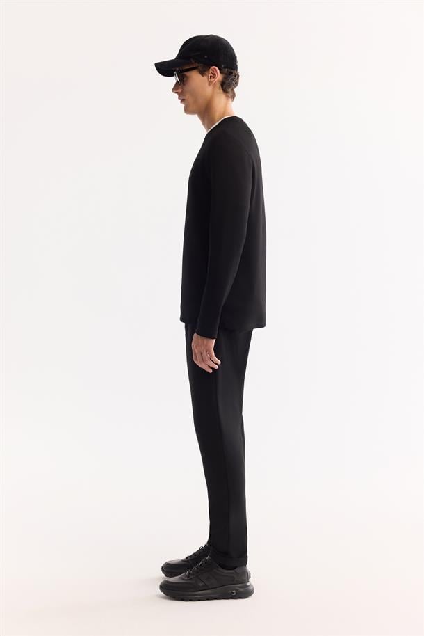 Siyah Bisiklet Yaka Viskon Karışımlı Bi-Stretch Basic Sweatshirt