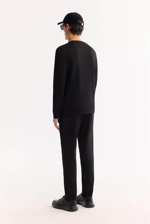 Siyah Bisiklet Yaka Viskon Karışımlı Bi-Stretch Basic Sweatshirt