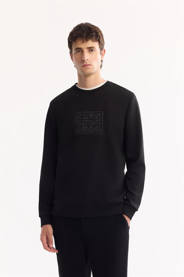 Siyah Bisiklet Yaka Kolay Ütülenen Bi-Stretch Baskılı Sweatshirt