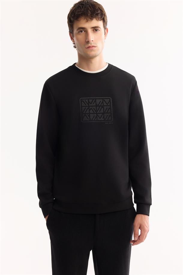 Siyah Bisiklet Yaka Kolay Ütülenen Bi-Stretch Baskılı Sweatshirt