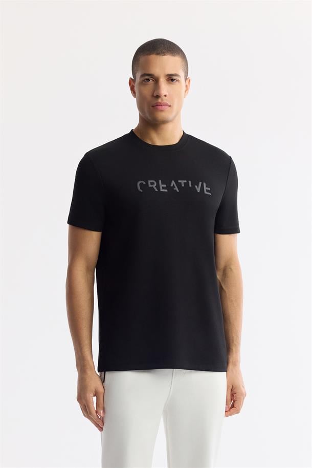 Siyah Bisiklet Yaka Baskılı Bi-Stretch İnterlok T-Shirt