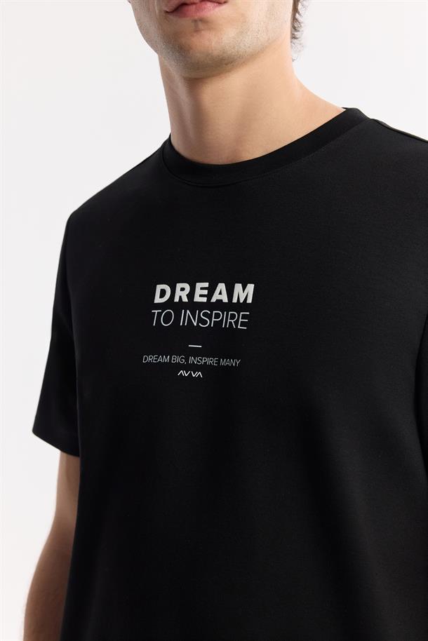 Siyah Bisiklet Yaka Baskılı Bi-Stretch İnterlok T-Shirt