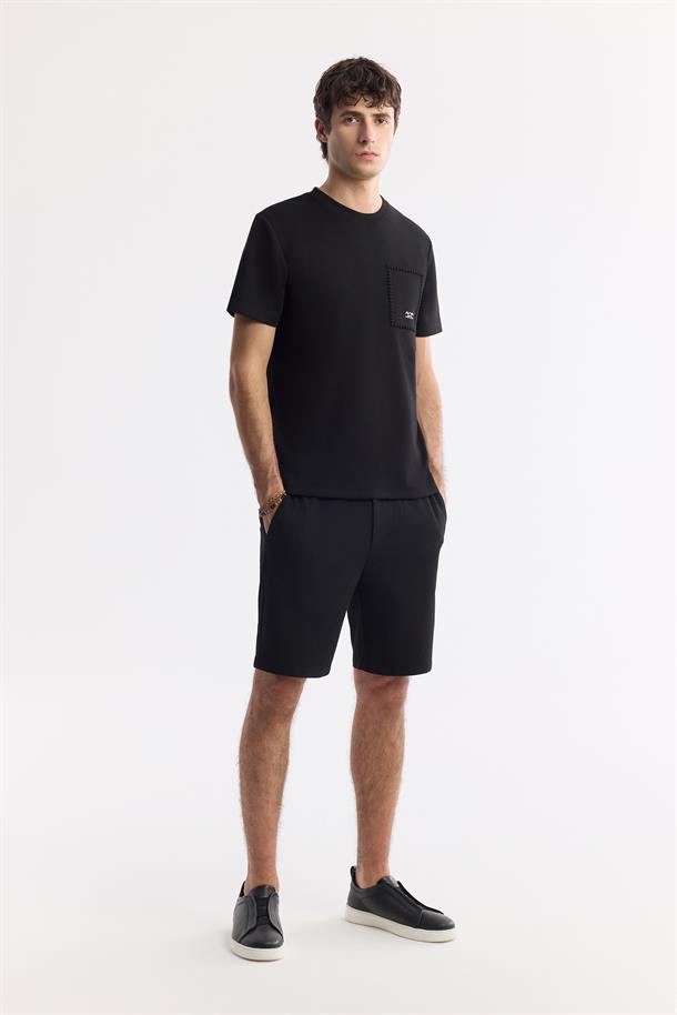 Siyah Bisiklet Yaka Baskılı Bi-Stretch İnterlok T-Shirt