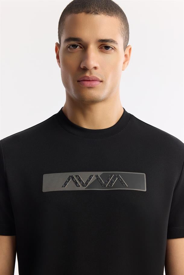 Siyah Bisiklet Yaka Baskılı Bi-Stretch İnterlok T-Shirt