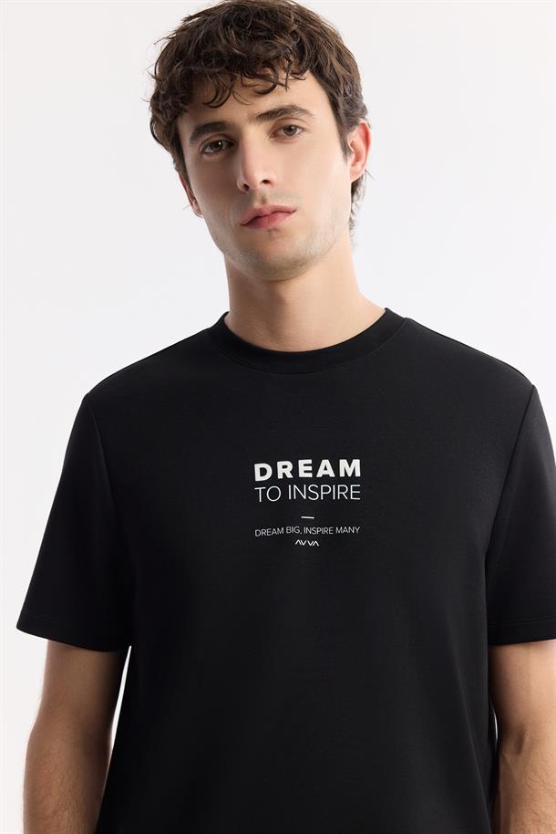 Siyah Bisiklet Yaka Baskılı Bi-Stretch İnterlok T-Shirt