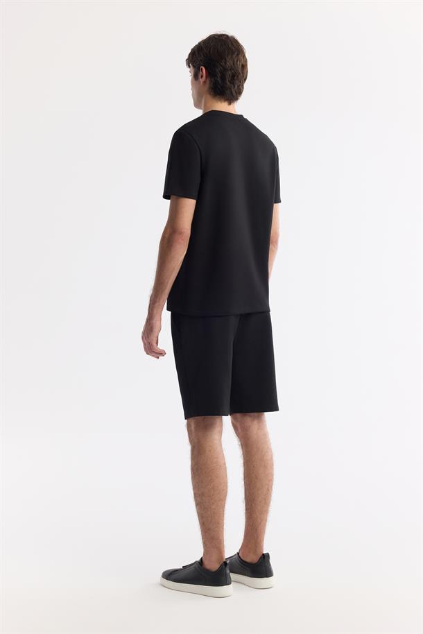 Siyah Bisiklet Yaka Baskılı Bi-Stretch İnterlok T-Shirt