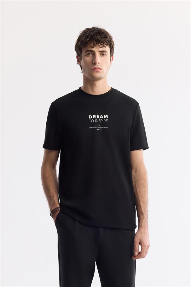 Siyah Bisiklet Yaka Baskılı Bi-Stretch İnterlok T-Shirt