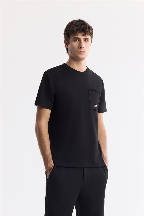 Siyah Bisiklet Yaka Baskılı Bi-Stretch İnterlok T-Shirt