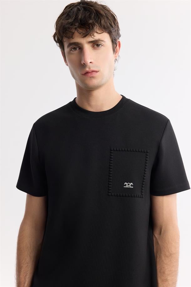 Siyah Bisiklet Yaka Baskılı Bi-Stretch İnterlok T-Shirt