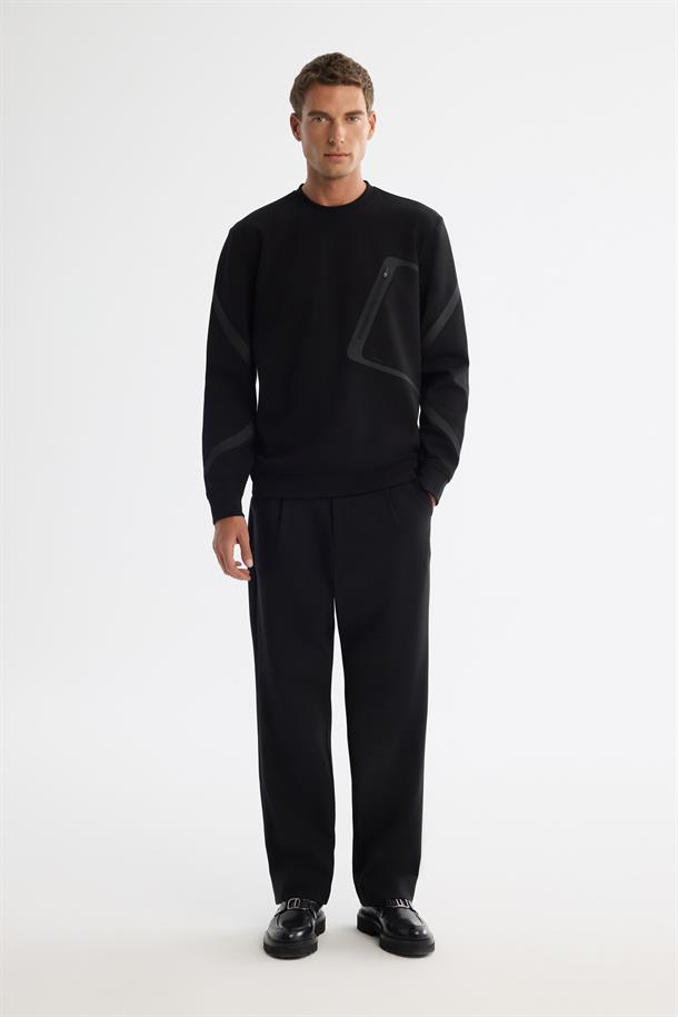 Siyah Bisiklet Yaka Pamuklu Baskılı Sweatshirt