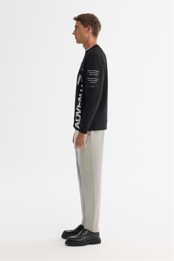 Siyah Bisiklet Yaka Pamuklu Baskılı Elastan Sweatshirt