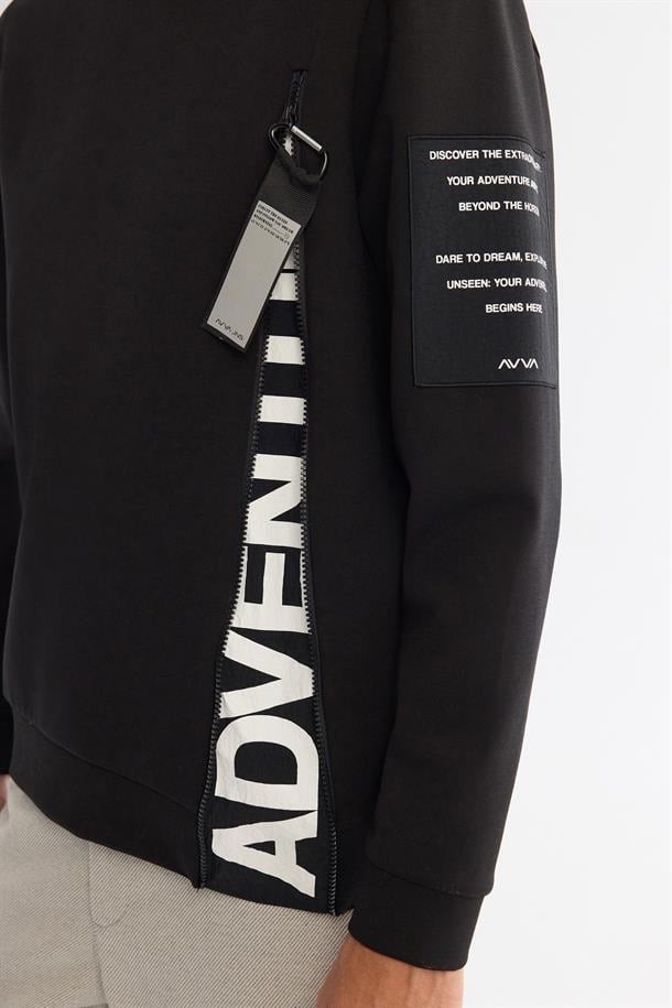 Siyah Bisiklet Yaka Pamuklu Baskılı Elastan Sweatshirt