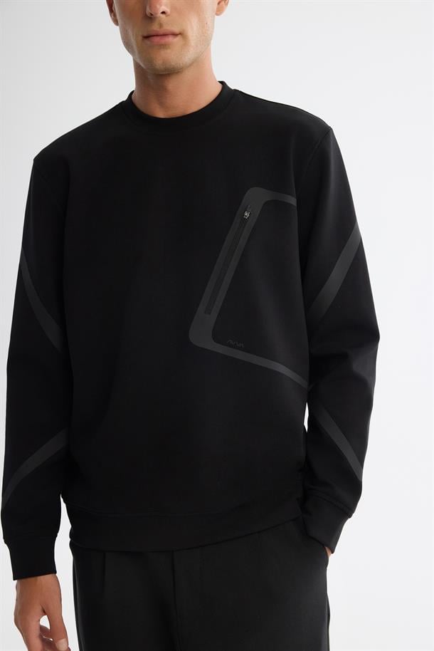 Siyah Bisiklet Yaka Pamuklu Baskılı Sweatshirt