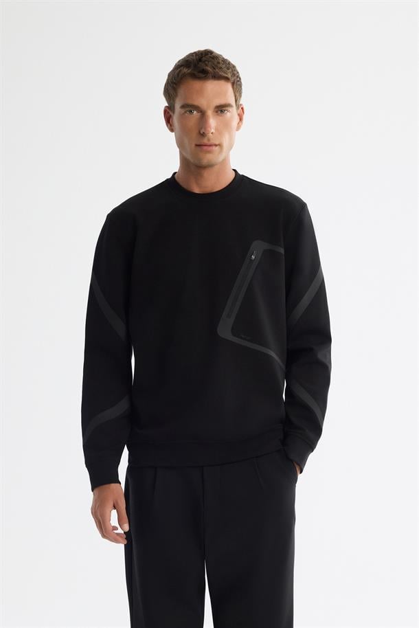 Siyah Bisiklet Yaka Pamuklu Baskılı Sweatshirt