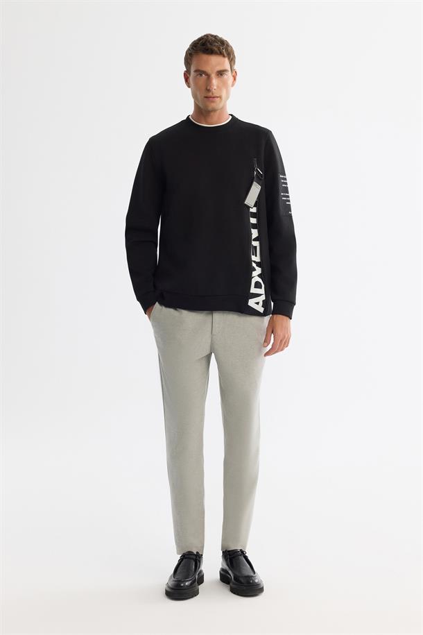 Siyah Bisiklet Yaka Pamuklu Baskılı Elastan Sweatshirt