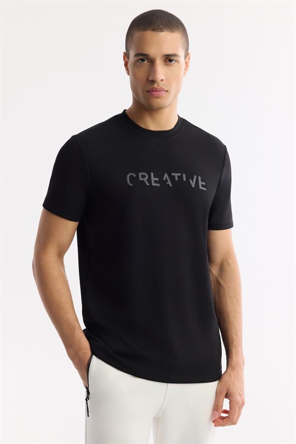 Siyah Bisiklet Yaka Baskılı Bi-Stretch İnterlok T-Shirt