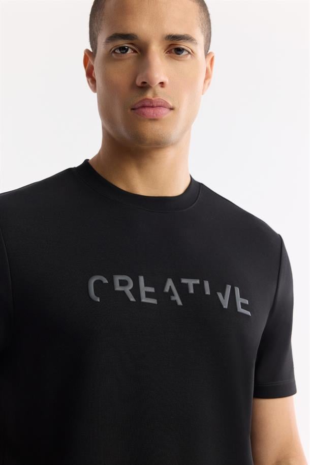 Siyah Bisiklet Yaka Baskılı Bi-Stretch İnterlok T-Shirt