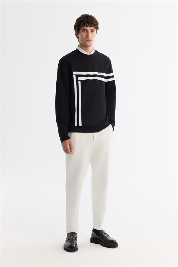 Siyah Bisiklet Yaka Pamuklu Baskılı Elastan Sweatshirt