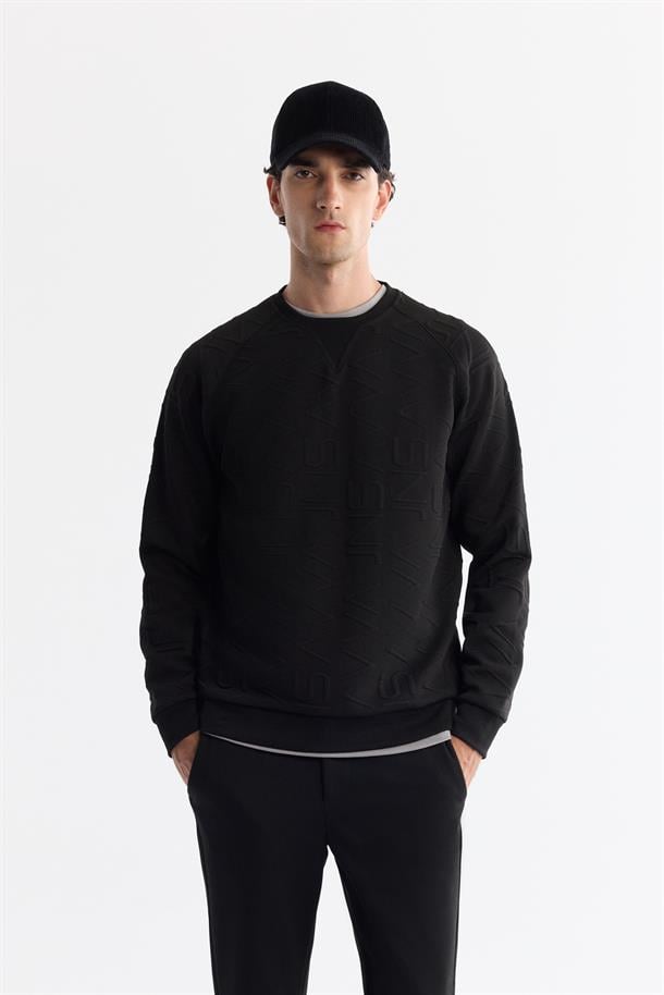 Siyah Bisiklet Yaka Baskılı Elastan Sweatshirt