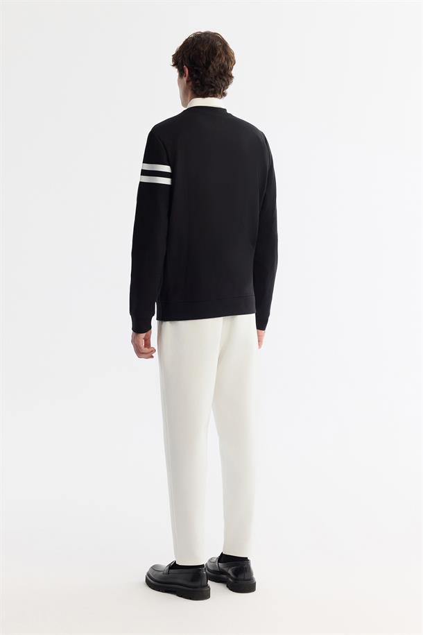 Siyah Bisiklet Yaka Pamuklu Baskılı Elastan Sweatshirt