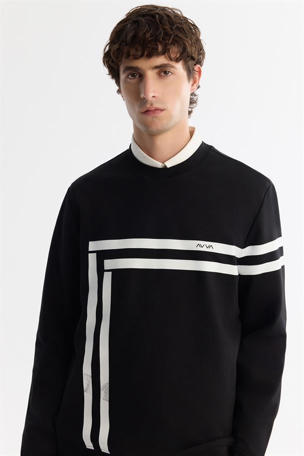 Siyah Bisiklet Yaka Pamuklu Baskılı Elastan Sweatshirt