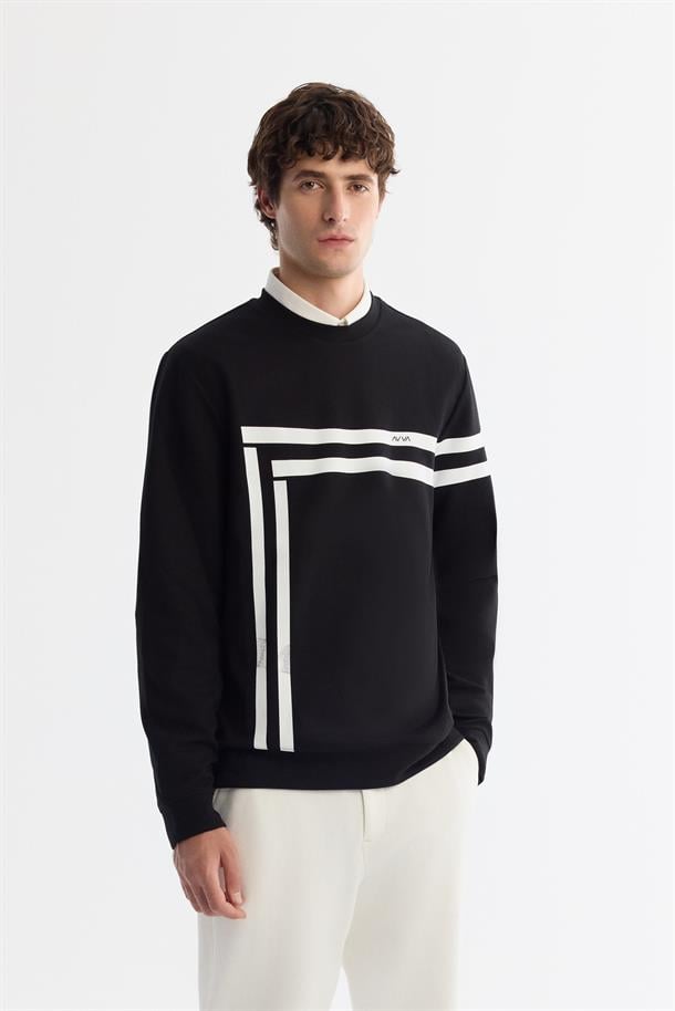 Siyah Bisiklet Yaka Pamuklu Baskılı Elastan Sweatshirt