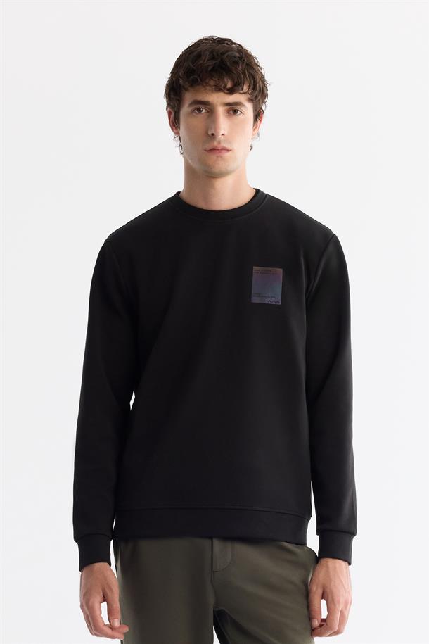 Siyah Bisiklet Yaka Pamuklu Baskılı Elastan Sweatshirt
