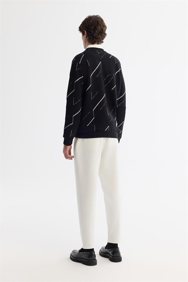 Siyah Bisiklet Yaka Pamuklu Baskılı Sweatshirt