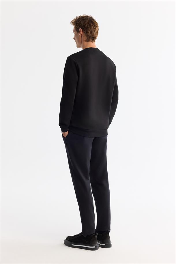 Siyah Bisiklet Yaka Pamuklu Baskılı Elastan Sweatshirt