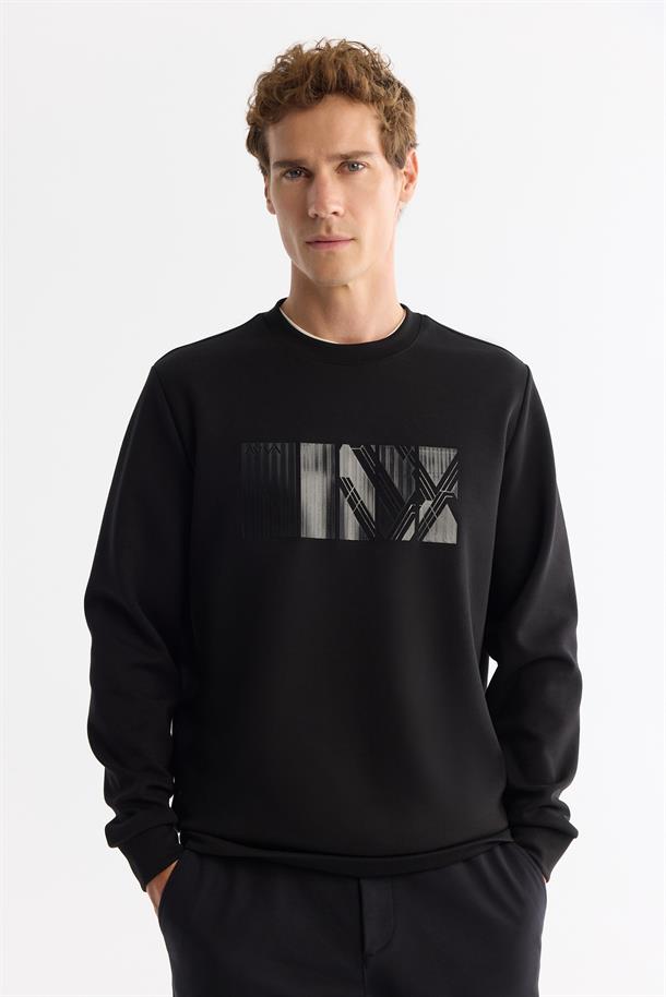 Siyah Bisiklet Yaka Pamuklu Baskılı Elastan Sweatshirt