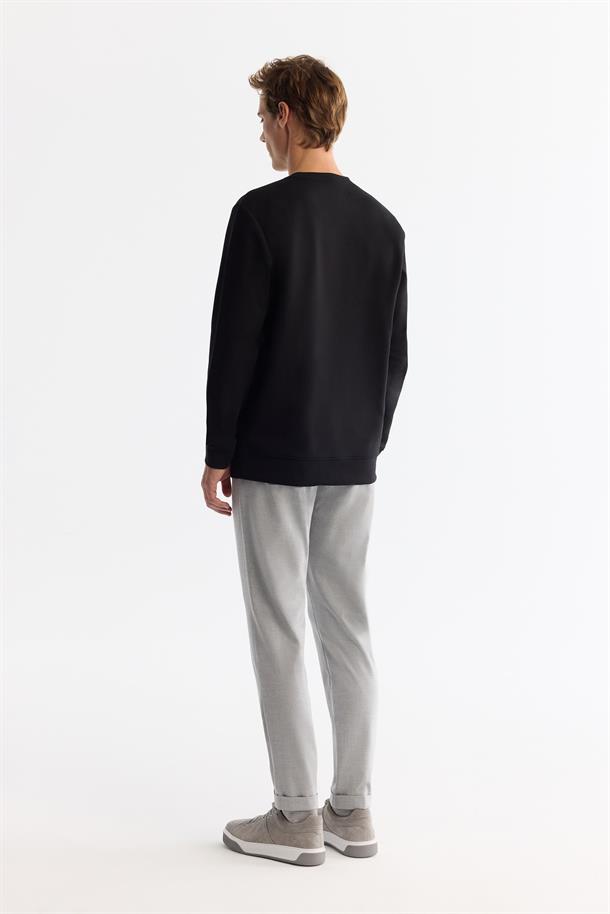 Siyah Bisiklet Yaka Pamuklu Baskılı Elastan Sweatshirt