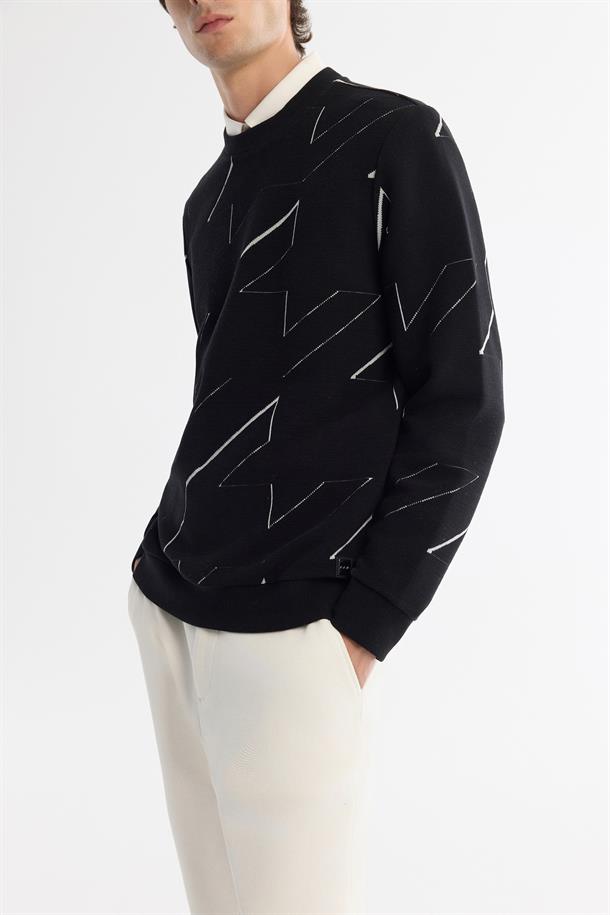 Siyah Bisiklet Yaka Pamuklu Baskılı Sweatshirt