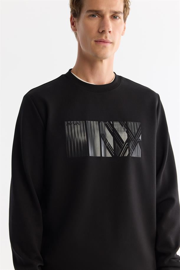 Siyah Bisiklet Yaka Pamuklu Baskılı Elastan Sweatshirt