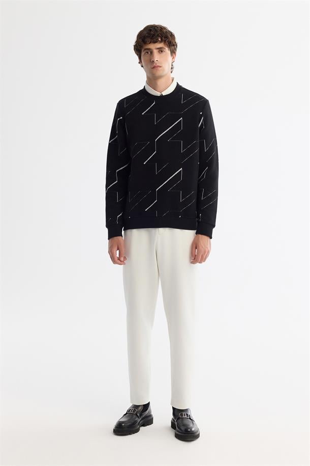 Siyah Bisiklet Yaka Pamuklu Baskılı Sweatshirt