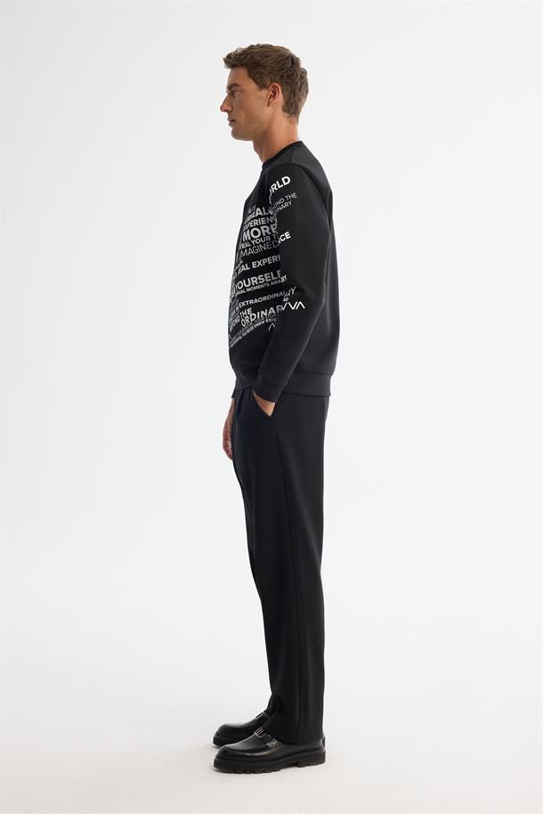 Siyah Bisiklet Yaka Pamuklu Baskılı Sweatshirt