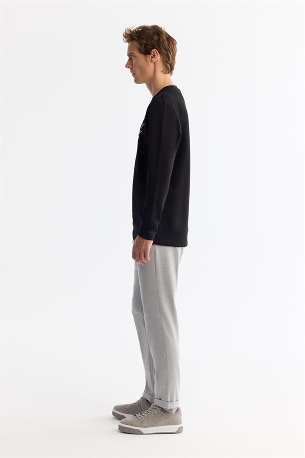 Siyah Bisiklet Yaka Pamuklu Baskılı Elastan Sweatshirt