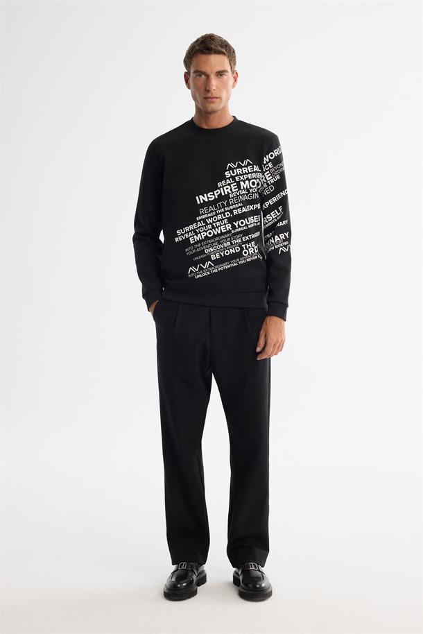 Siyah Bisiklet Yaka Pamuklu Baskılı Sweatshirt