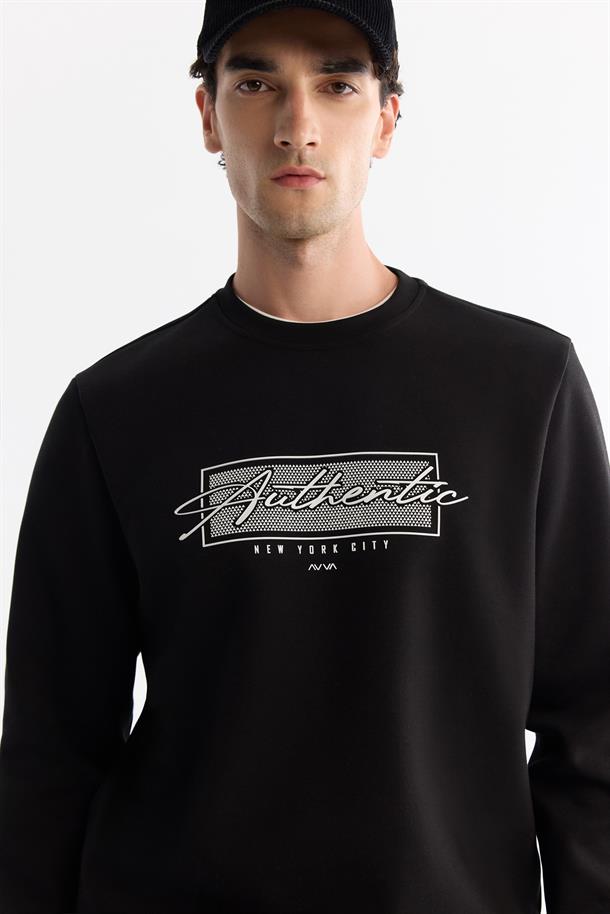 Siyah Bisiklet Yaka Pamuklu Kolay Ütülenen Sweatshirt