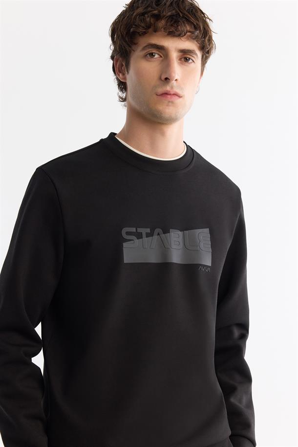 Siyah Bisiklet Yaka Pamuklu Baskılı Elastan Sweatshirt