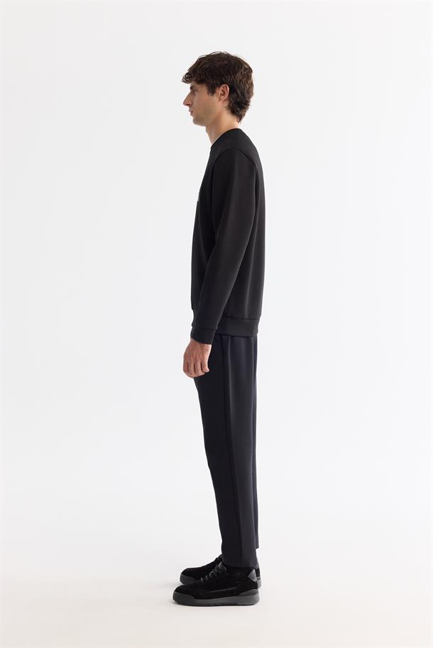 Siyah Bisiklet Yaka Pamuklu Baskılı Elastan Sweatshirt