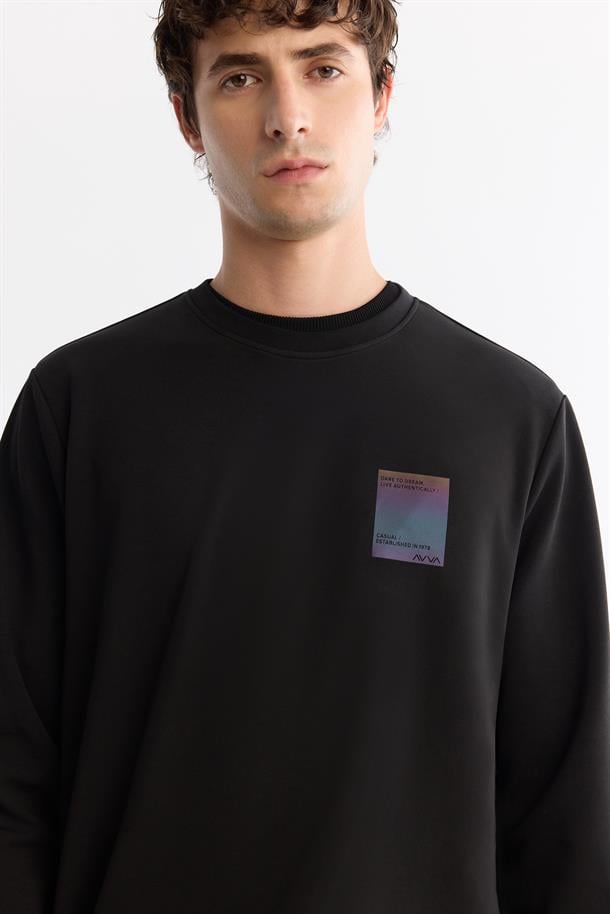 Siyah Bisiklet Yaka Pamuklu Baskılı Elastan Sweatshirt