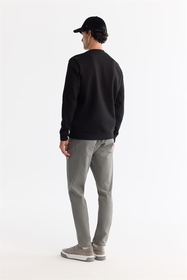 Siyah Bisiklet Yaka Pamuklu Kolay Ütülenen Sweatshirt