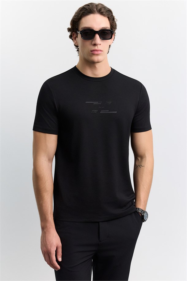 Siyah Bisiklet Yaka Baskılı Viskon Karışımlı Kolay Ütülenen T-Shirt