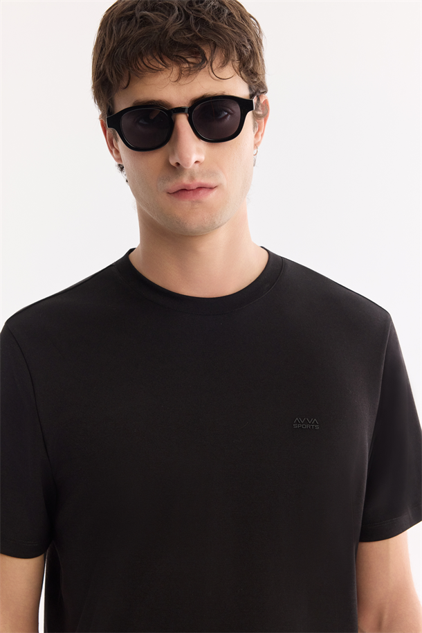 Siyah Bisiklet Yaka Bi-Stretch Baskılı T-Shirt