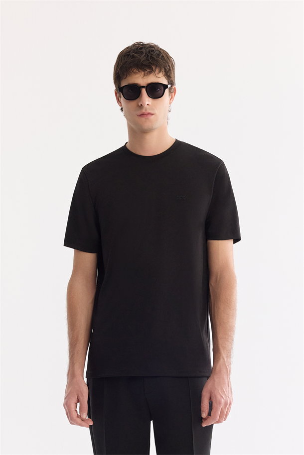 Siyah Bisiklet Yaka Bi-Stretch Baskılı T-Shirt