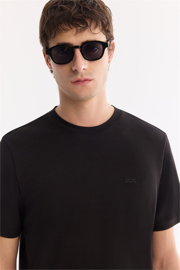 Siyah Bisiklet Yaka Bi-Stretch Kırışmaz Baskılı T-Shirt