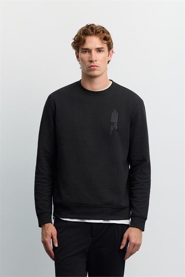 Siyah Bisiklet Yaka Kolay Ütülenen Baskılı Pamuklu Sweatshirt