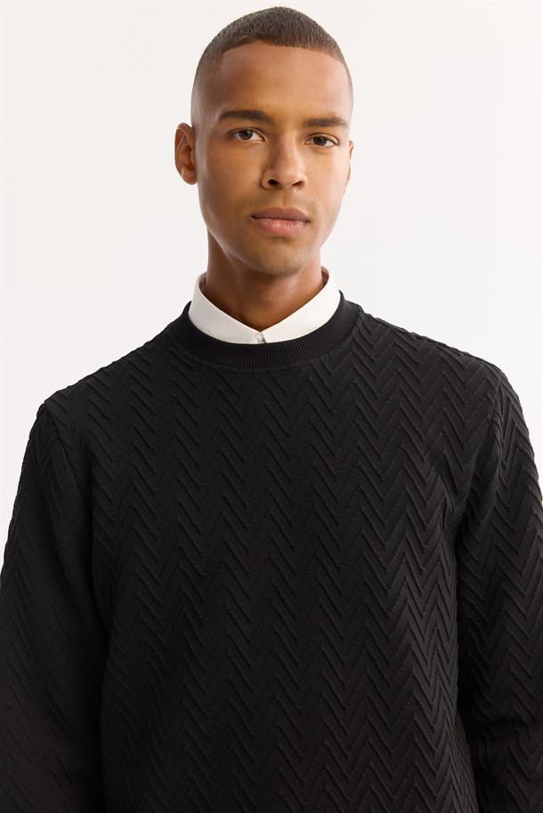 Siyah Bisiklet Yaka Kolay Ütülenen Elastan Sweatshirt